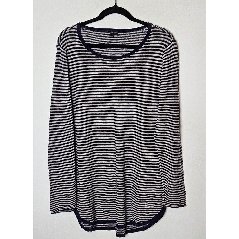 Eileen Fisher Linen Blend Womens Lrg Striped Navy Gray Long Sleeve Top Casual
